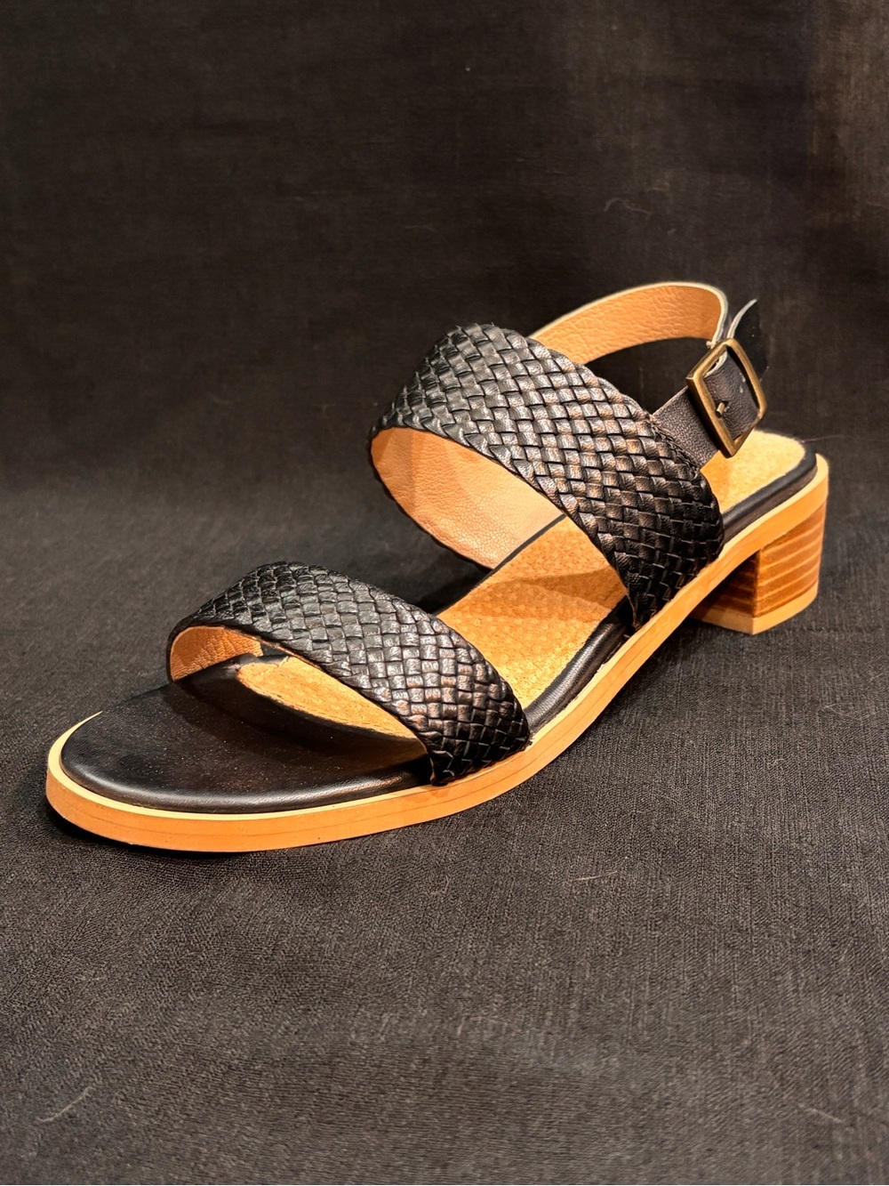 Minimalist Woven Black Leather Block Heel Sandal size 8.5